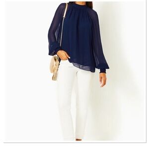NEW LILLY PULITZER ELLIELYNN SHEER LONG SLEEVE LOW TIDE NAVY...